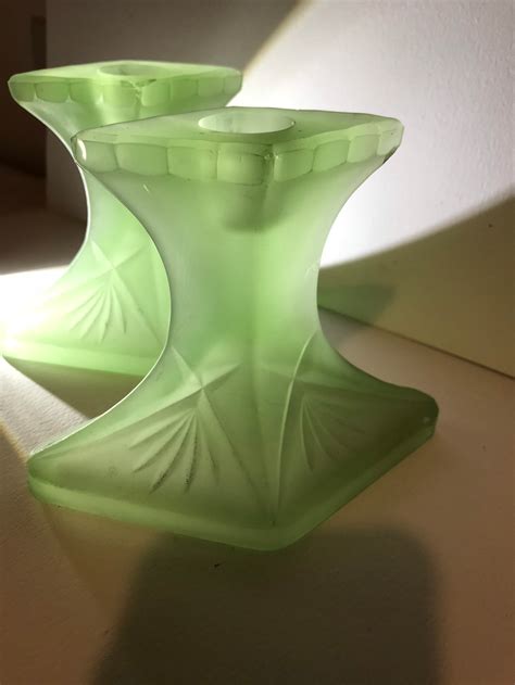 S Bagley Uranium Frosted Green Glass Candlesticks Parts Of Etsy