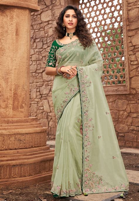 Pista Green Net Saree With Blouse