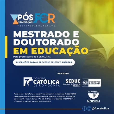 Faculdade Católica e Seduc RO ofertam 35 vagas em cursos de Mestrado e