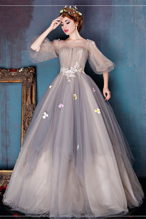 Fairy Ball Gown Illusion Neckline Light Brown Tulle Prom Dress With Sleeves