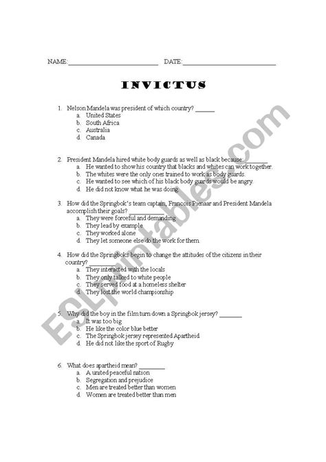 Invictus Movie Worksheet Esl Worksheet By Wlmcfaul