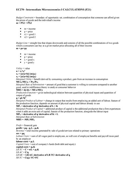 Ec Intermediate Microeconomics I Calculations F Ec