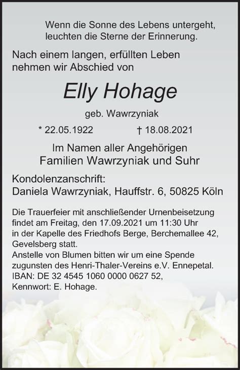 Traueranzeigen Von Elly Hohage Trauer In NRW De