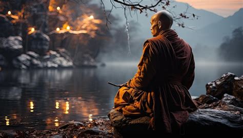 Premium Ai Image Buddhist Monk In Meditation Beside The River With