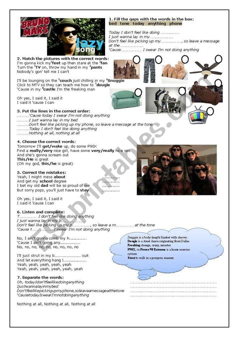 Bruno Mars - The Lazy Song - ESL worksheet by jarbasfalves