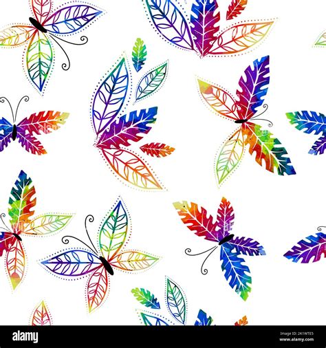 Seamless Pattern Of Colored Butterflies From Leaves Vector