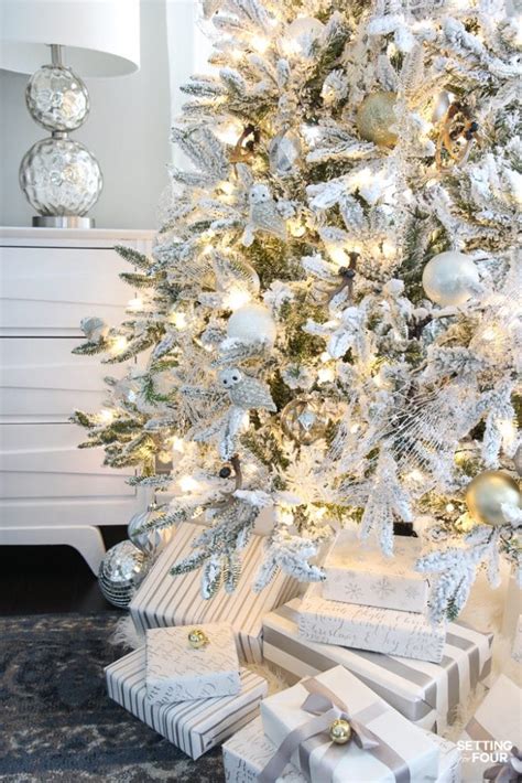 Flocked Christmas Tree - White and Gold Glam Style - Setting For Four Interiors