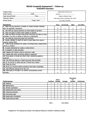 Fillable Online Nichq Vanderbilt Assessment Follow Up Teacher