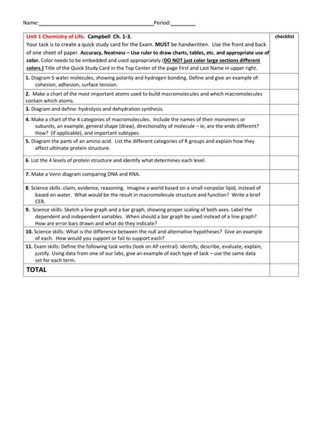 Unit Chemistry Of Life Booklet