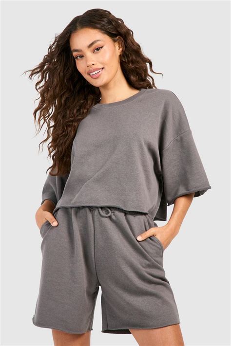 Short Sleeve Crop Sweatshirt And Short Set Boohoo Uk