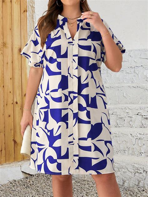 Plus Size Geometric Pattern All Over Allover Print Short Dress Casual