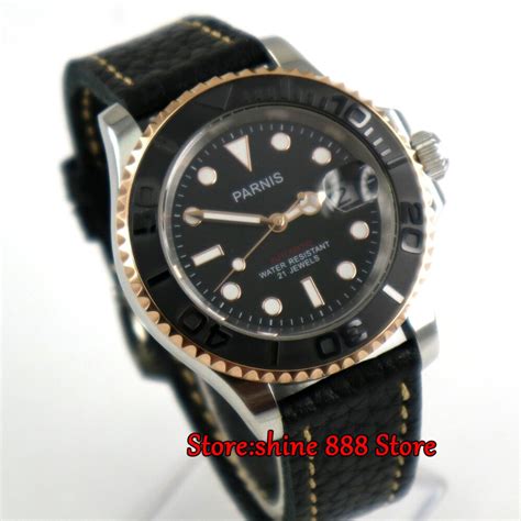 40mm Parnis mostrador preto ouro Rosa caso fronteira MIYOTA Automáticos