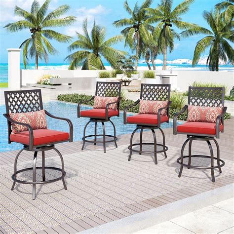 Phi Villa Swivel Metal Outdoor Bar Stool With Red Cushion 4 Pack Thd