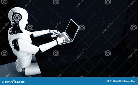 Mlb Robot Humanoid Use Laptop And Sit At Table In Future Office Stock