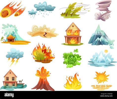 Natural Disasters Cartoon Set Of Icons With Fires Tsunami Flood