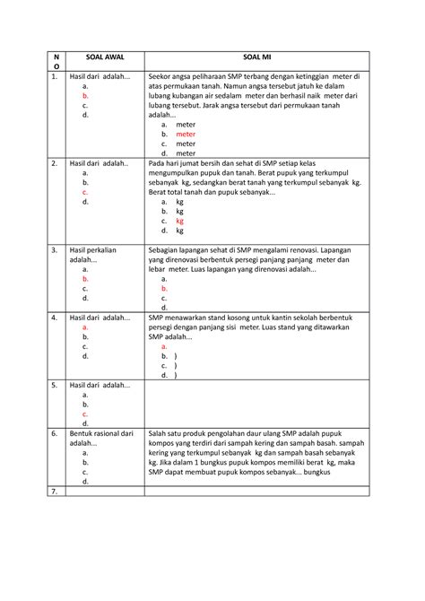 Soal Mtk Mi Soal Matematika Akar Dan Kuadrat N O Soal Awal Soal Mi