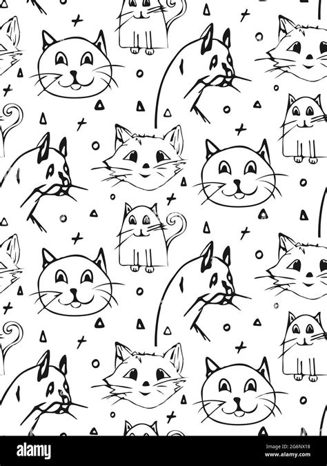 Doodle Cats Faces Seamless Pattern Hand Drawn Funny Cartoon Style