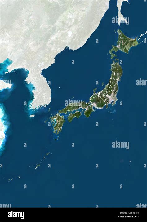 Japan True Colour Satellite Image With Boundaries Of Regions Stock