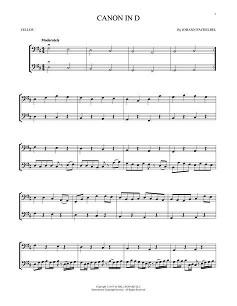 Johann Pachelbel Canon In D Sheet Music Cello Trombone Bassoon Baritone Horn Or Double Bass