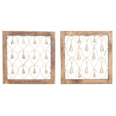 Litton Lane Mango Wood Brown Framed Bell Wall Decor Set Of 2 24261