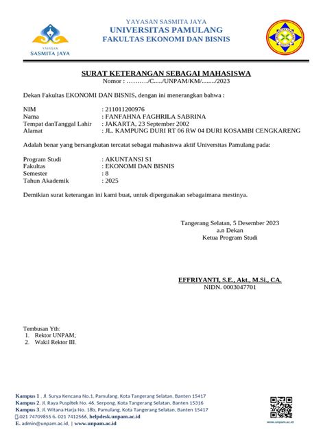 surat keterangan mahasiswa aktif unpam