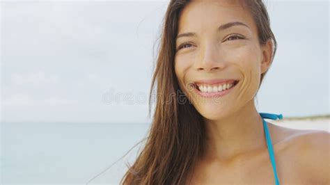 Happy Summer Asian Young Woman Smiling On Beach Travel Vacation Wearing