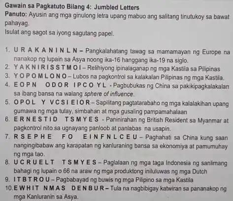 gawain sa pagkatuto bilang 4: jumbled letters panuto: ayusin ang mga ...