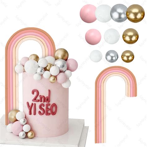51Pcs Boho Theme Cake Decorations Kit Nude Pink Balls Soft Rainbow Cake Toppers Diy Baby Shower