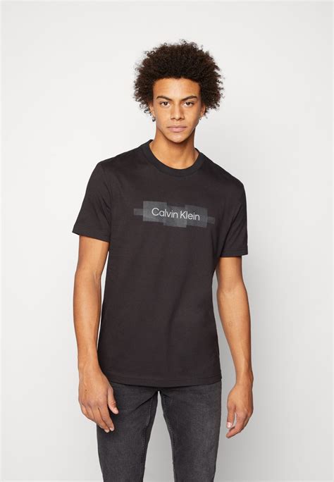 Calvin Klein Box Striped Logo Print T Shirt Black Uk