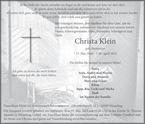 Traueranzeigen Von Christa Klein Wirtrauern