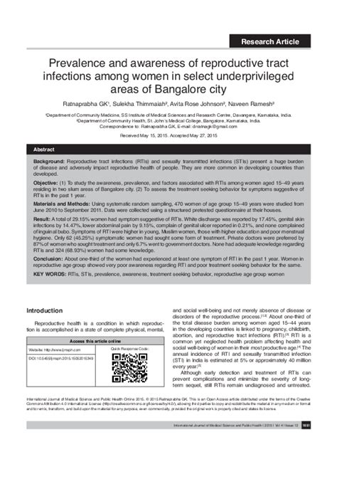 Pdf Prevalence And Awareness Of Reproductive Tract Infections Among