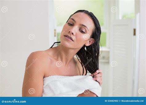 Pretty Brunette Wiping Her Hair Stock Photo Image Of House Bath 53082902
