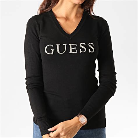 Guess Pull Col V Femme Avec Strass W94r70 Z2760 Noir Argenté