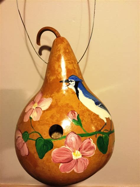 Handpainted Gourd Birdhouse With Blue Jay And Pink Dogwood Etsy