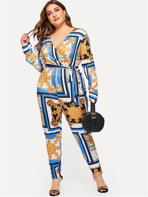 Plus Chain Print Surplice Front Self Tie Jumpsuit