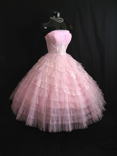 Vintage 50 S 50s STRAPLESS Orchid PINK Layered Tulle Lace