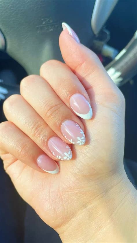 Almond French Tip Nails With Flowers Engagement Nails Bridesmaids