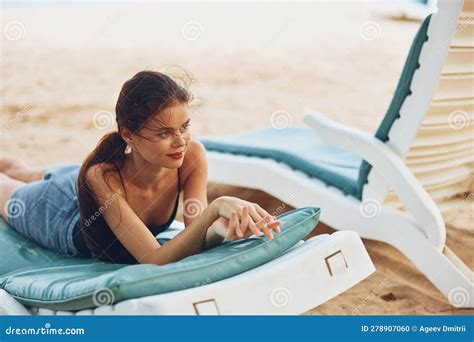 Sand Woman Ocean Sunbed Smiling Beach Sea Resort Lifestyle Lying