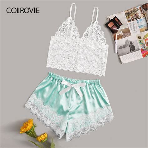 Colrovie Floral Lace Cami Top With Satin Shorts Lingerie Set Women