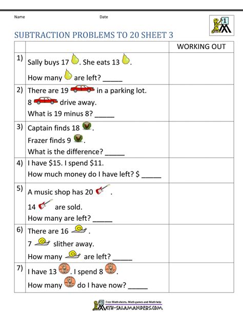 Subtraction Up To 20 Worksheets 10 Problems