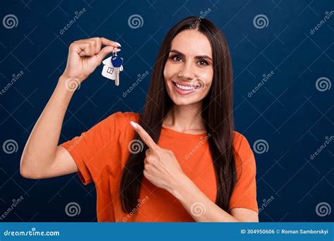 Photo Of Shiny Sweet Lady Wear Orange T Shirt Showing Finger New House