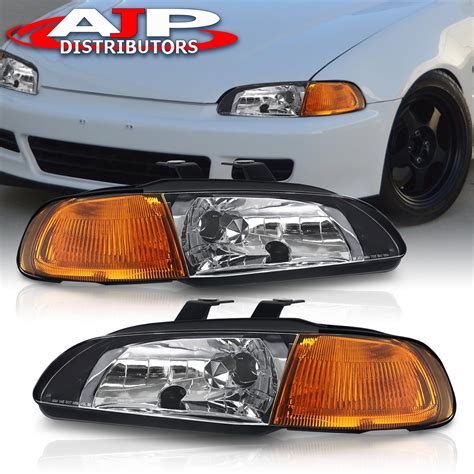 For 1992 1995 Honda Civic Coupe Hatchback Black Housing Amber Reflector Signal Headlights