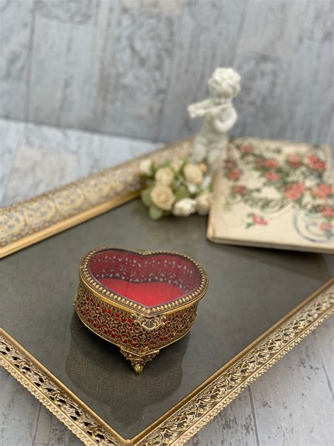 Vintage Heart Shaped Jewelry Casket Gold Ormolu Filigree Trinket Box With Ornate Glass Lid Red