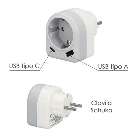 Distribuidor Adaptador Enchufe Schuko Con 2 Tomas Usb A Y Usb C