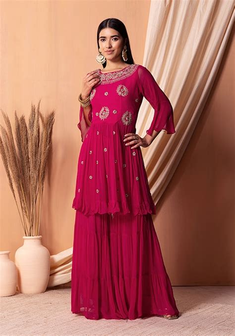 Buy Women Hot Pink Zari Embroidered Sharara Set With Kurta And Dupatta