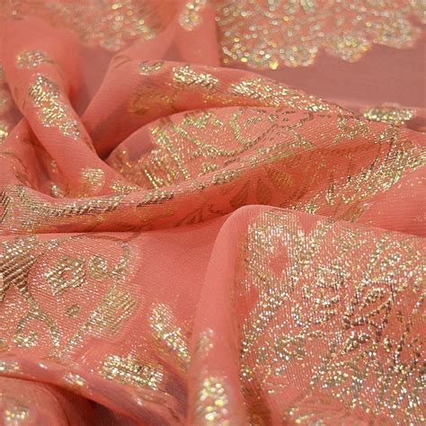 Gold Metal Silk Jacquard Fabric On Coral Chiffon — Tissus En Ligne