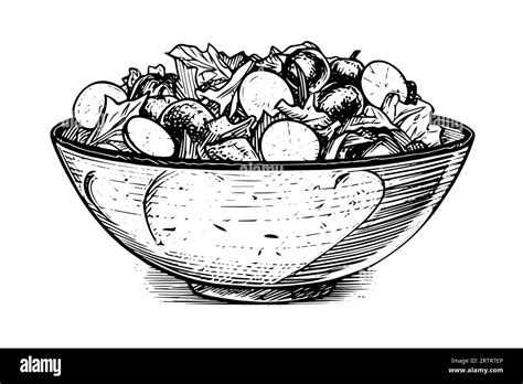 Bowl Vegetables Salad Ink Sketch Hand Drawn Engraving Style Vector