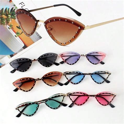 1pc Womens Colorful Rimless Rhinestone Cat Eye Premium Sunglasses