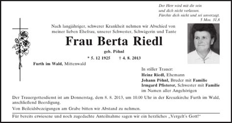 Traueranzeigen Von Furth I W Berta Riedl Mittelbayerische Trauer