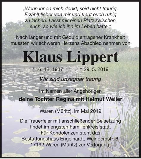 Traueranzeigen Von Klaus Lippert Trauer Nordkurier